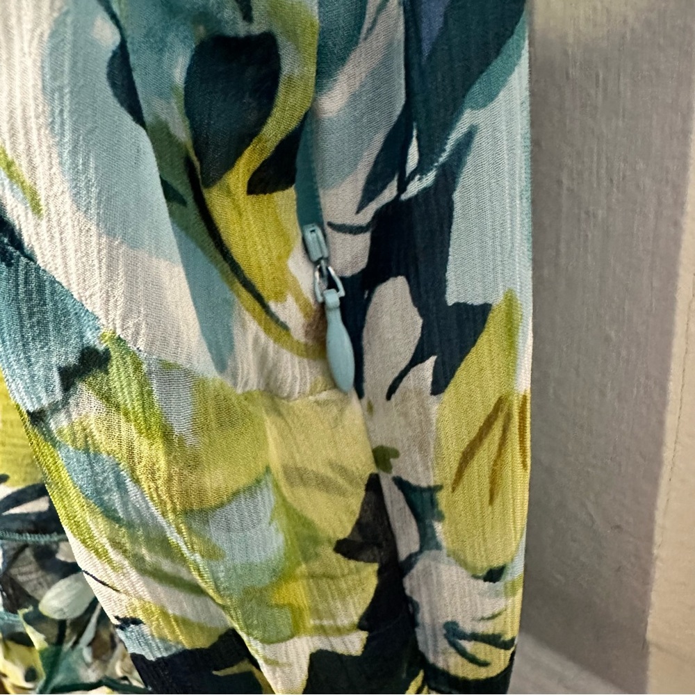Pendleton Floral 100% Silk WOMENS PLUS Dress Size 16 BLUE GREEN RUFFLES v‎ neck - Picture 4 of 8